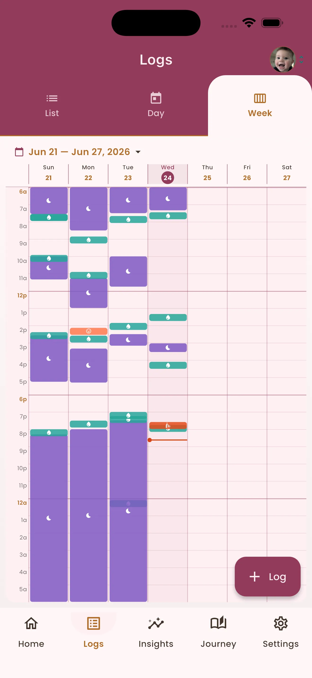 Week calendar timeline of sleep and feeding logs