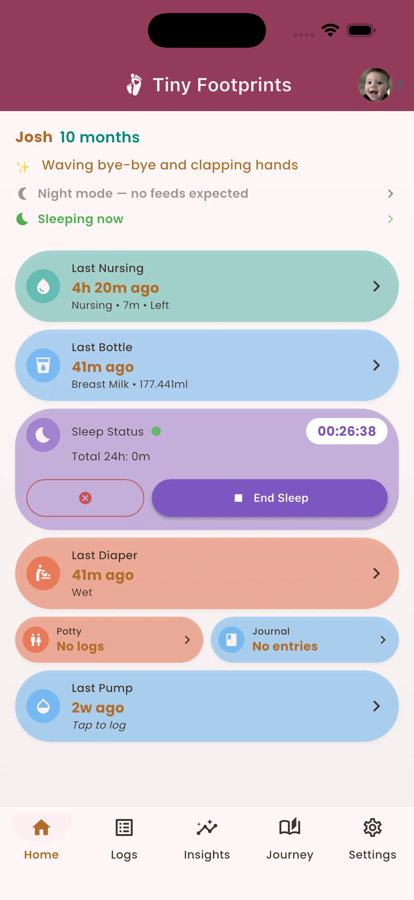 Tiny Footprints dashboard showing feed, sleep, and diaper tracking