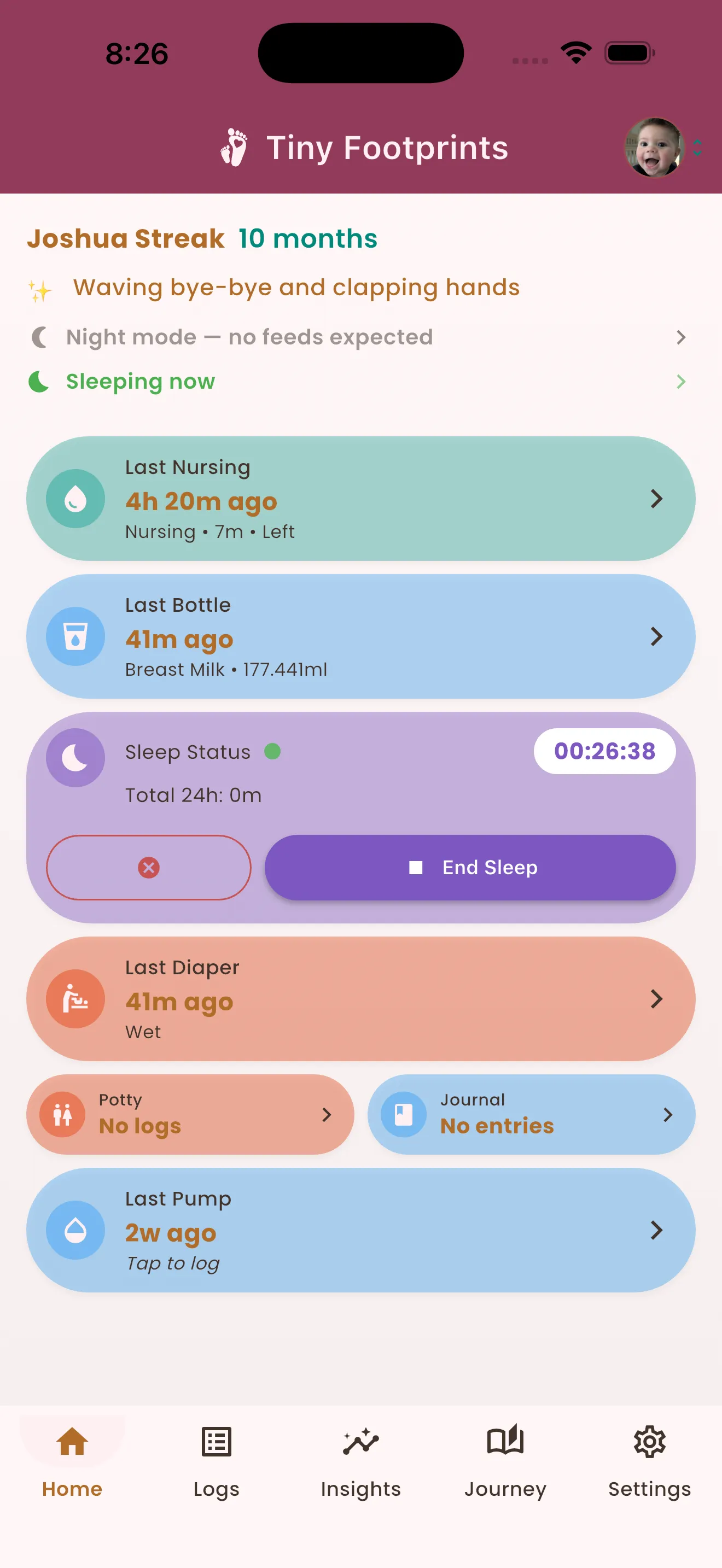 Tiny Footprints dashboard showing feed, sleep, and diaper tracking