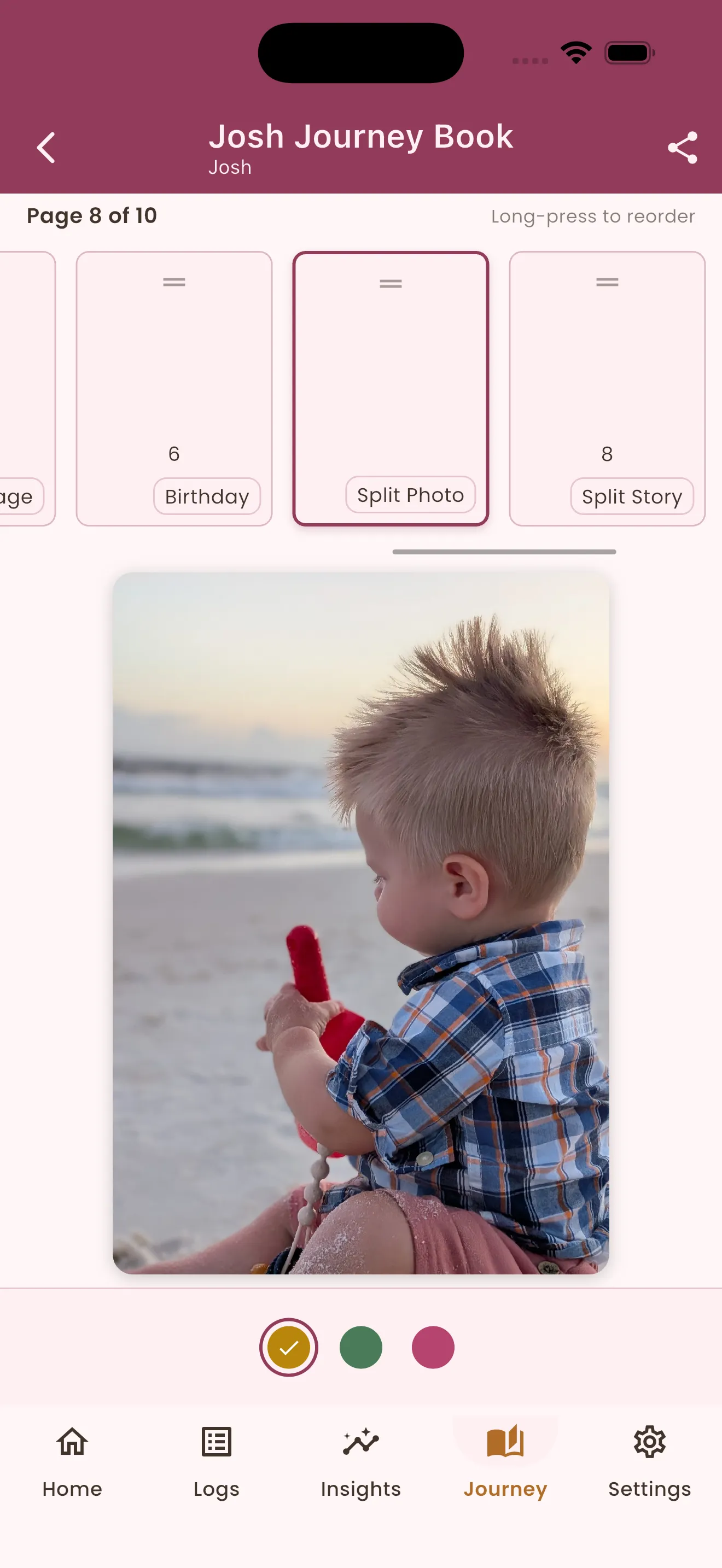 The Journey Book editor in Tiny Footprints: a full-bleed beach photo page, with the page strip above for reordering and theme colors below