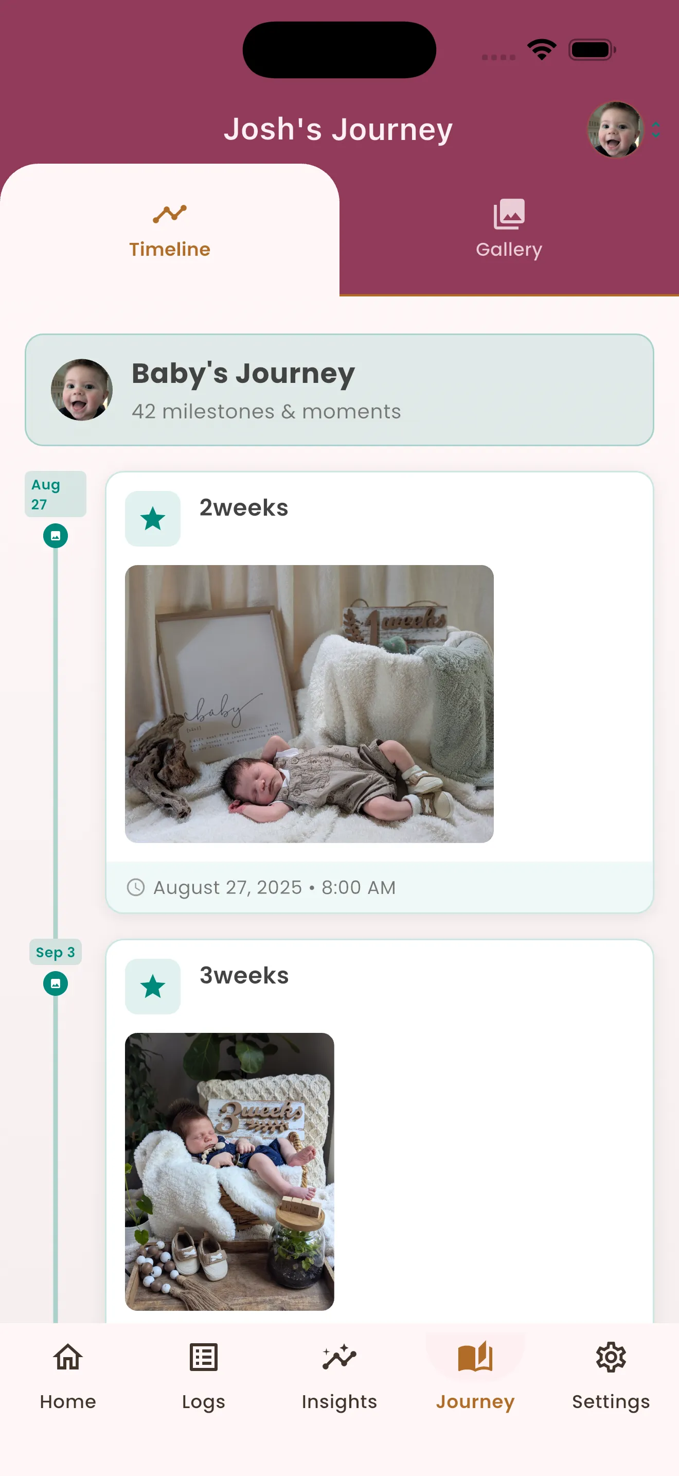 Journey timeline of milestones and photo moments