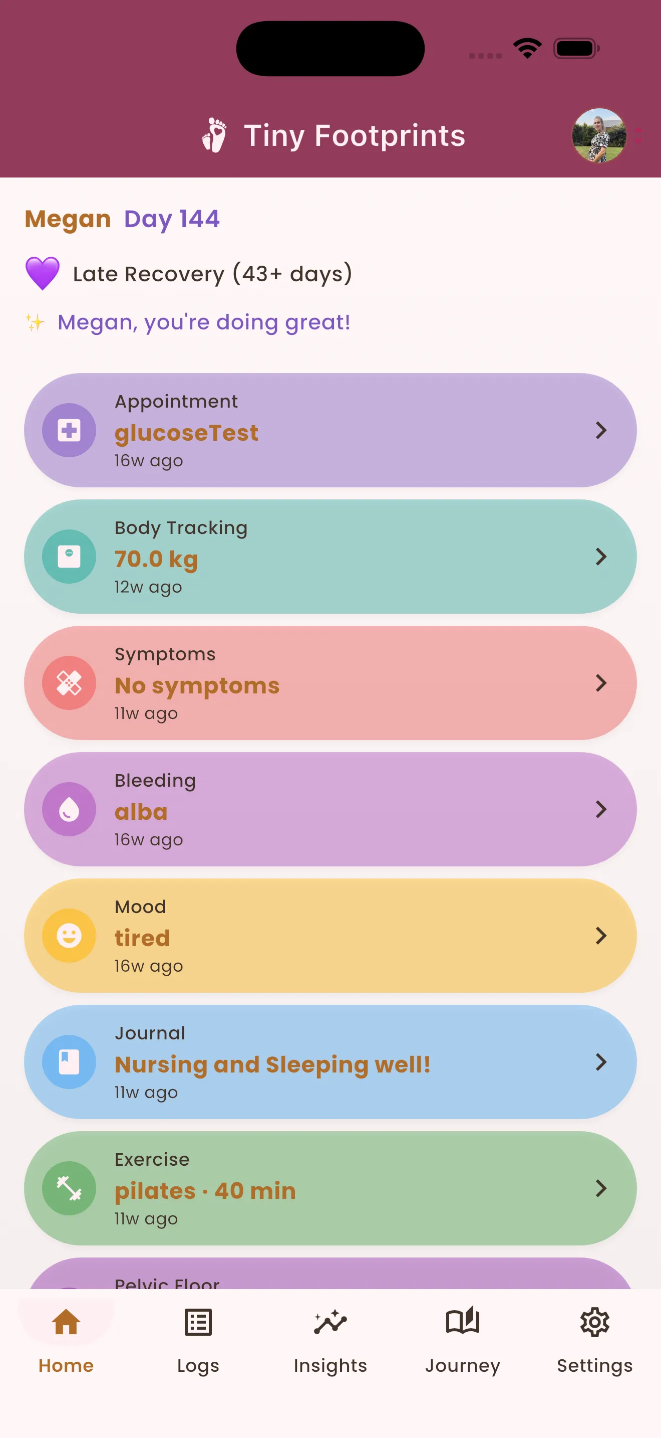 Postpartum recovery dashboard with appointments, mood and exercise logs