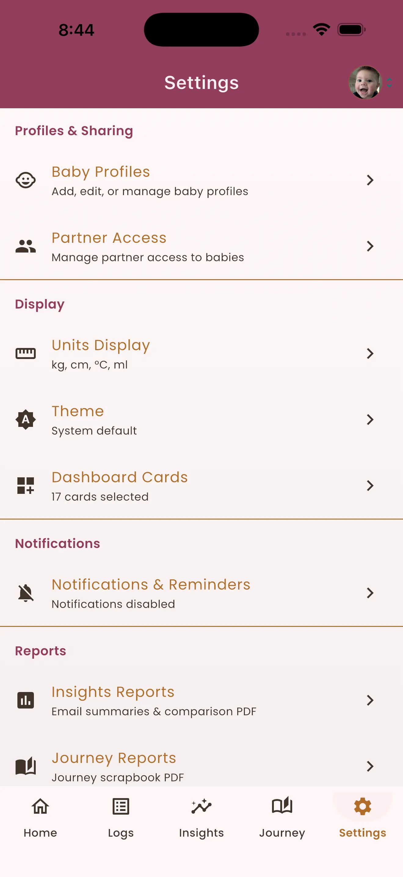 Settings screen with baby profiles and partner access sharing