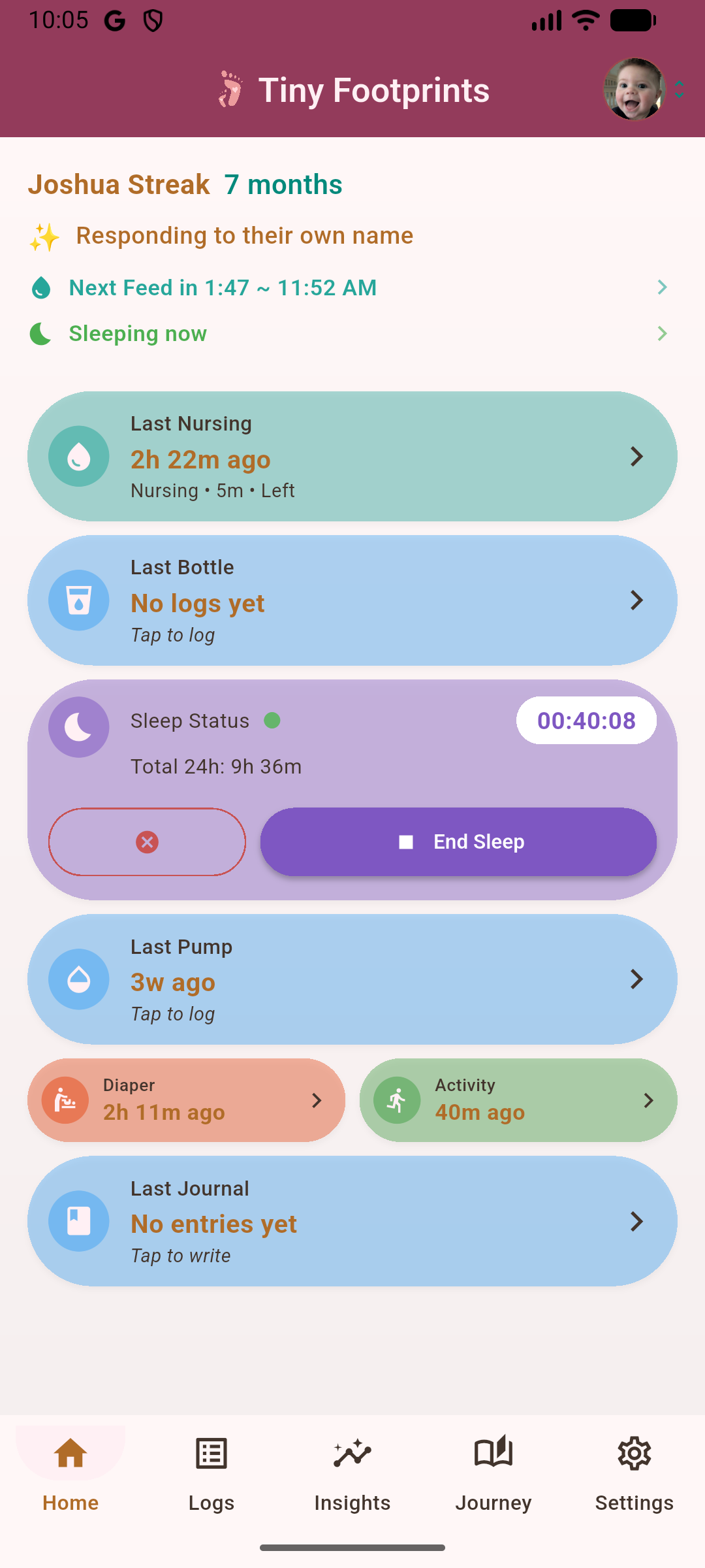 TinyFootprints baby dashboard showing feeding, sleep, and diaper tracking