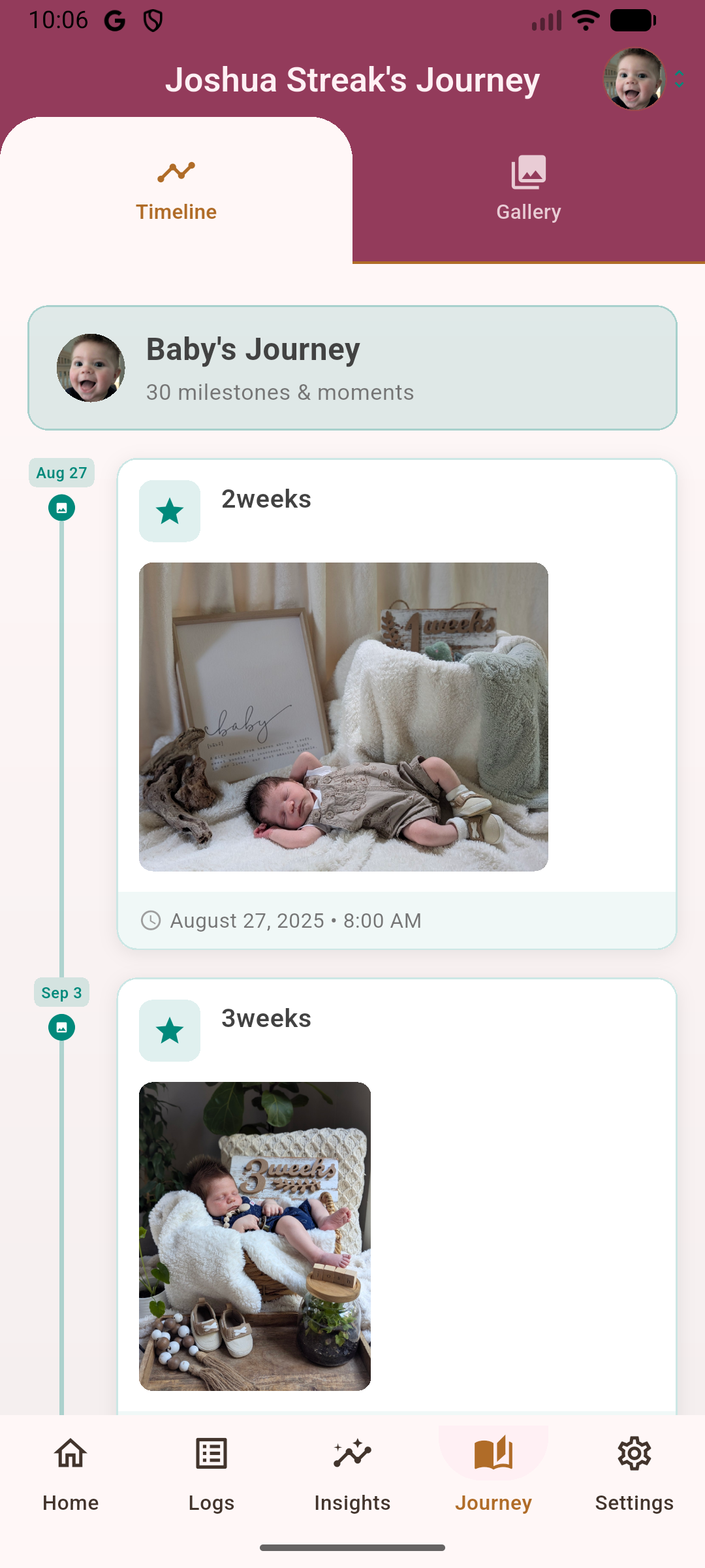 Baby journey timeline with photos
